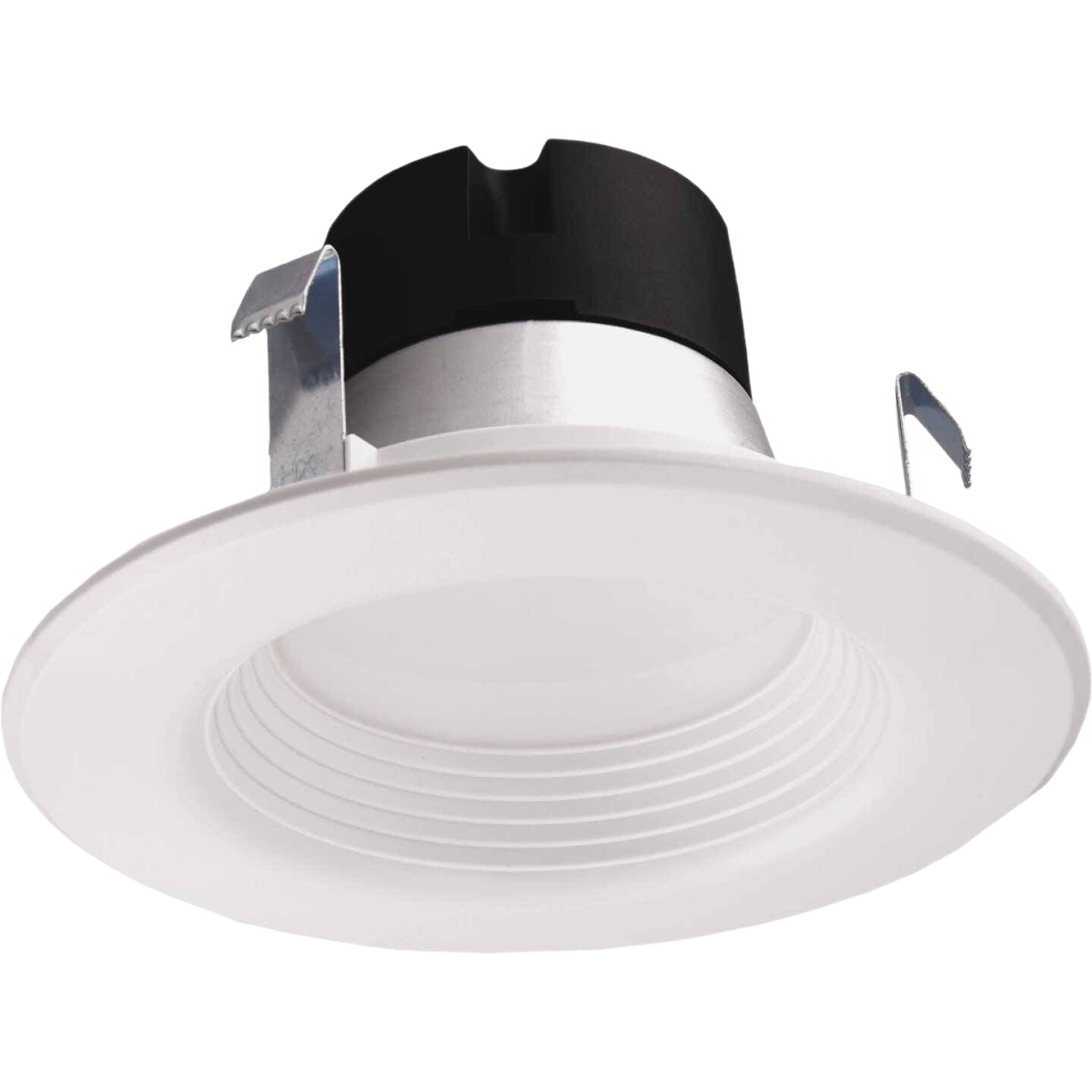 White 4-inch LED retrofit downlight with adjustable metal clips for easy installation in lighting and electrical projects