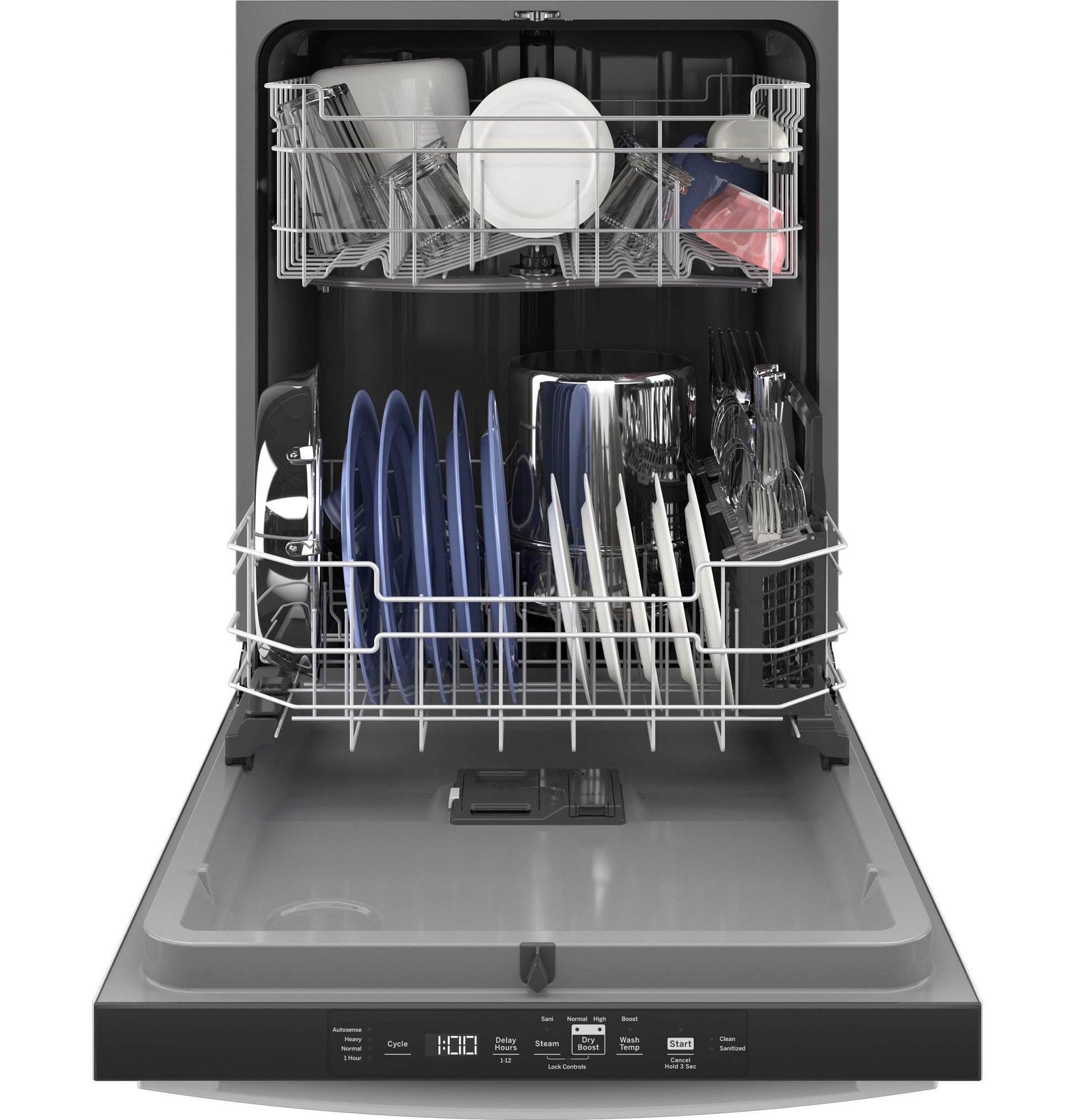 Top control dishwasher with plastic interior featuring loaded racks with dishes and utensils in kitchen appliances collection