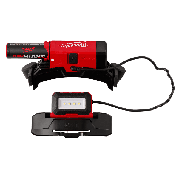Red and black rechargeable USB headlamp with detachable battery pack and adjustable beam for tools and home improvement tasks