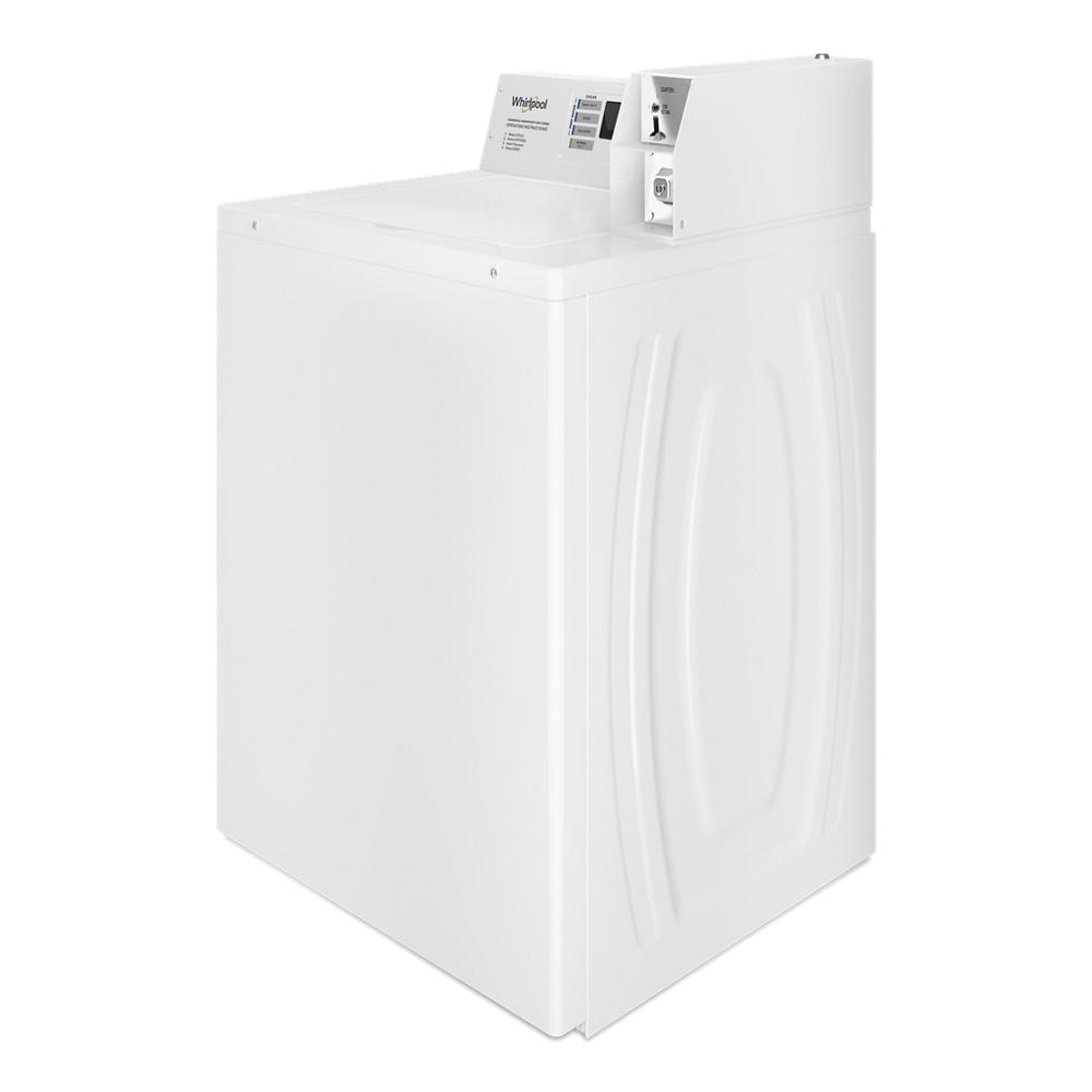 White commercial top-load washer with coin drop and coin box, featured in washers and appliances collection.