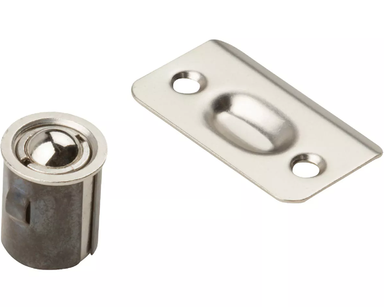 Satin nickel ball catch and strike plate set for doors, suitable for tools and home improvement projects