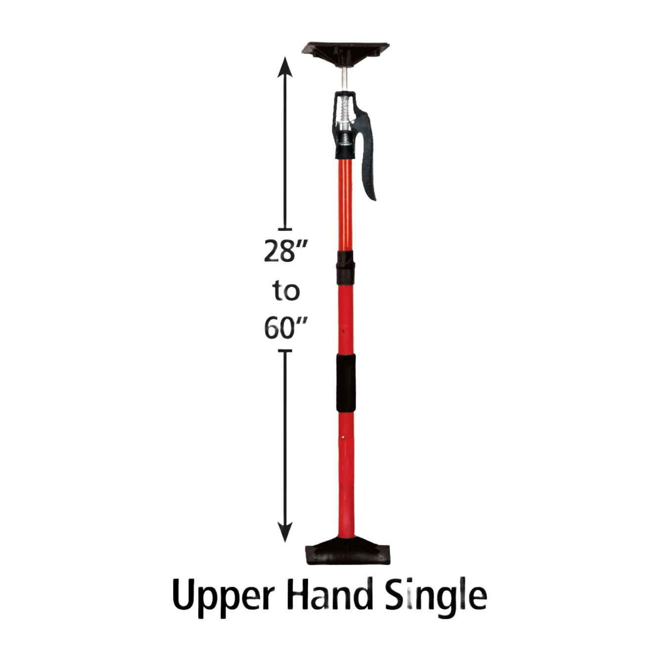 Adjustable red and black hand support pole with padded top and base for tools and home improvement use