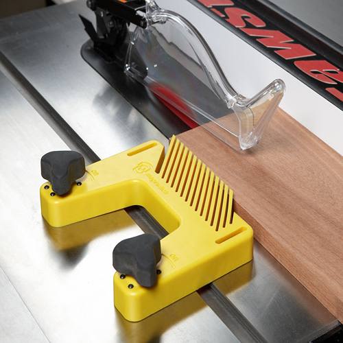Yellow Magswitch featherboard with adjustable knobs for enhanced safety on table saws in power tool accessories collections
