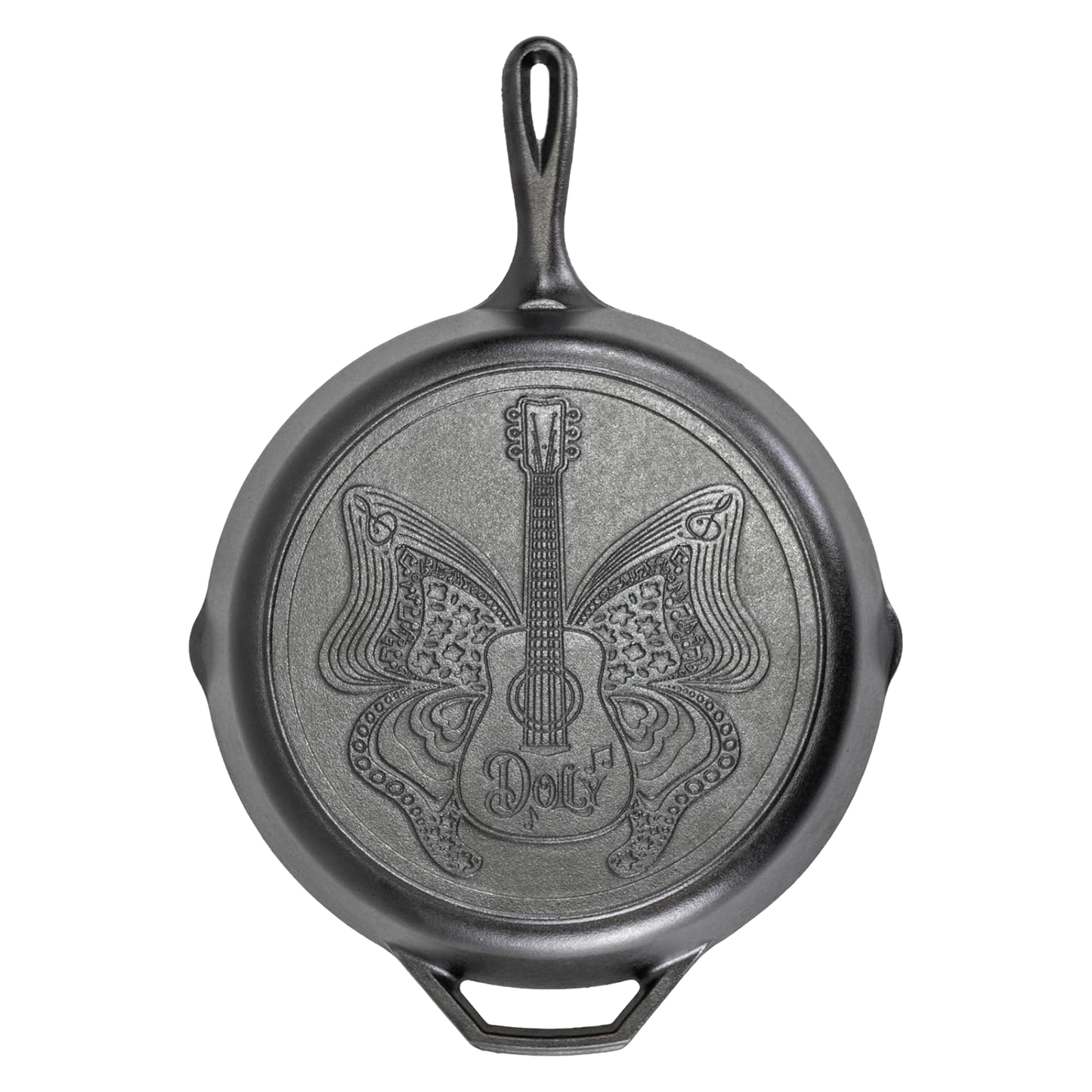Cast iron skillet with intricate butterfly and guitar design for kitchenware and Lodge cast iron collections.