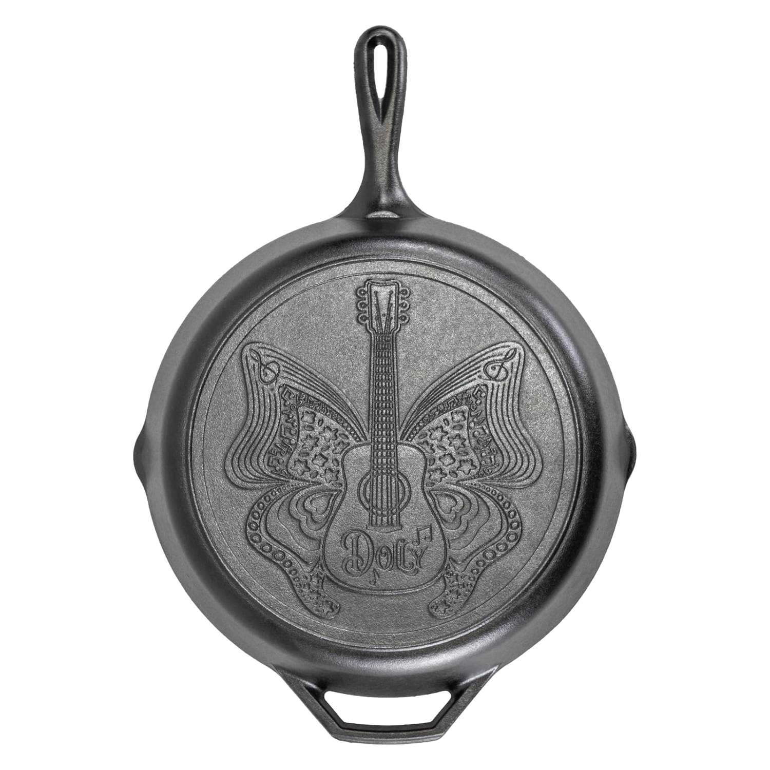 Cast iron skillet with intricate butterfly and guitar design for kitchenware and Lodge cast iron collections.