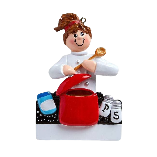 Woman chef figurine ornament stirring red pot with salt and pepper shakers, Christmas Ornaments & Tree Decorations under $50