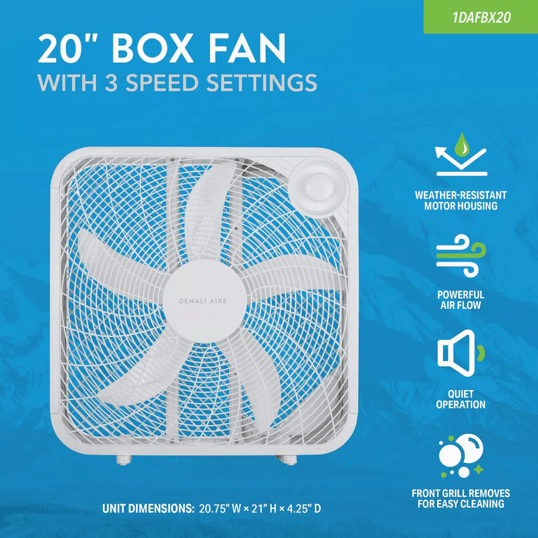 White 20-inch box fan with three-speed settings, weather-resistant motor, quiet operation, and removable front grill under $50 collection