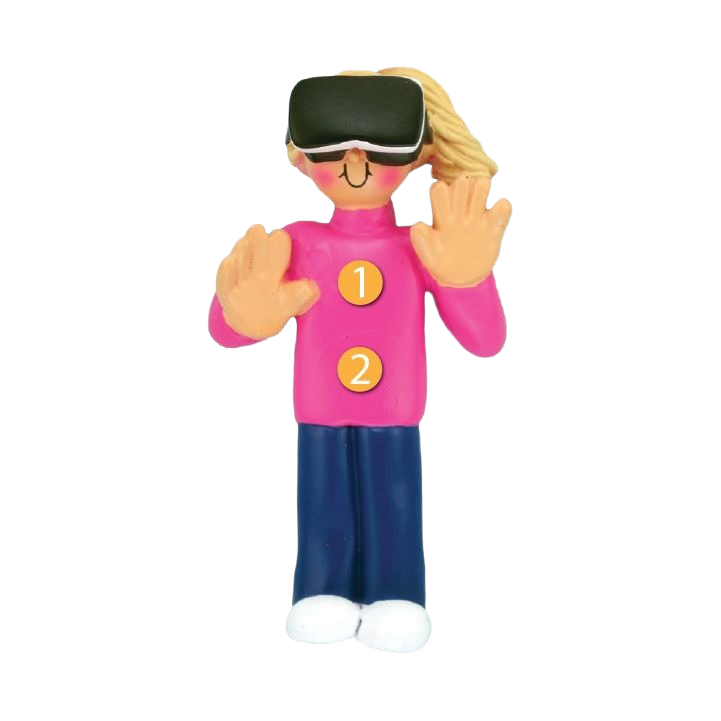 Personalized blonde female figurine wearing virtual reality headset in bright pink and blue holiday ornament design