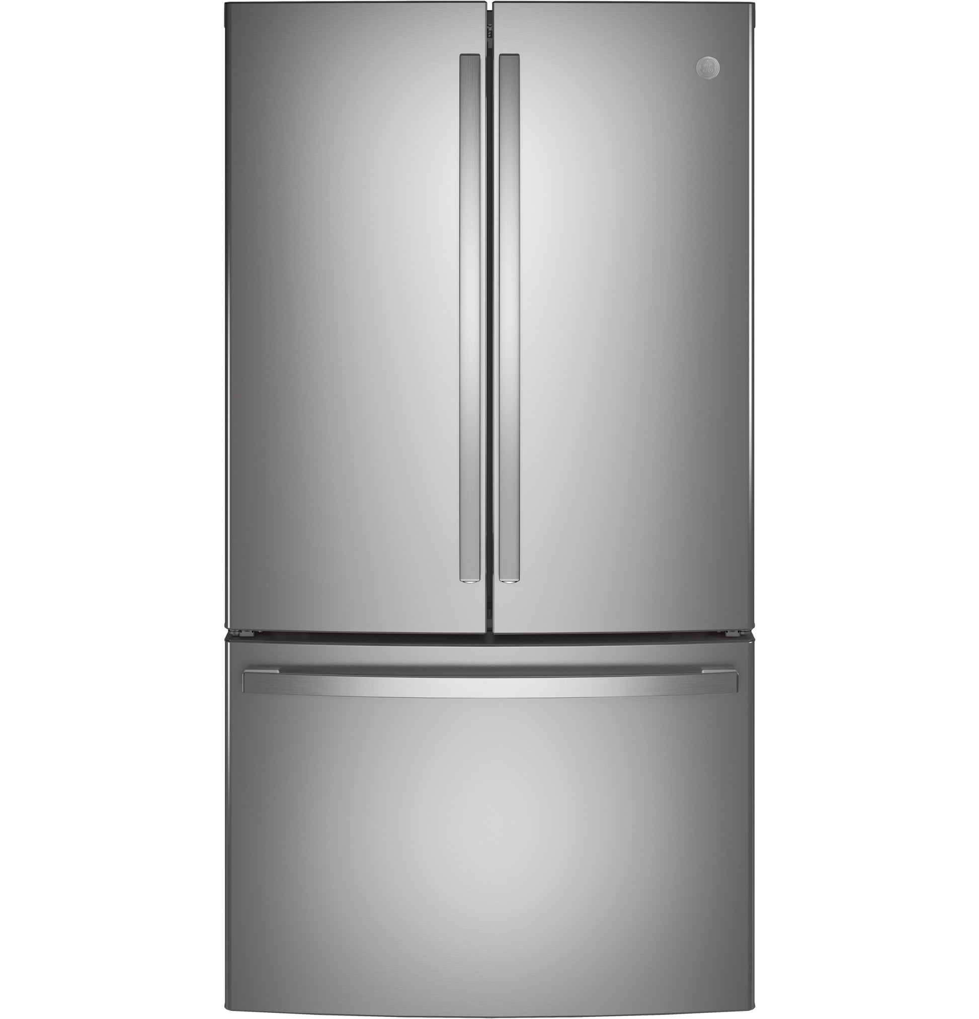 Fingerprint resistant stainless steel French-door refrigerator with bottom freezer in kitchen appliances collection