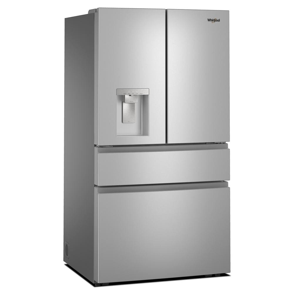 Stainless steel French door refrigerator with in-door water dispenser and dual bottom freezer drawers in appliances collection