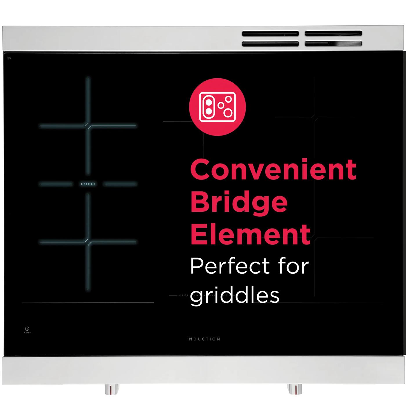 Black induction cooktop with bridge heating element for griddles and stainless steel trim from kitchen appliances collection
