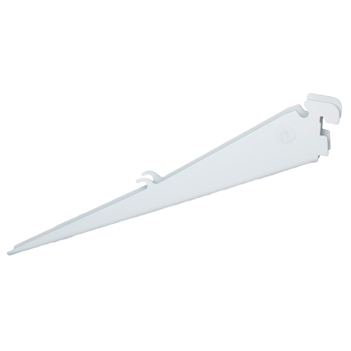 White angled shelf bracket designed for flexible storage and organization in dorm and home improvement settings