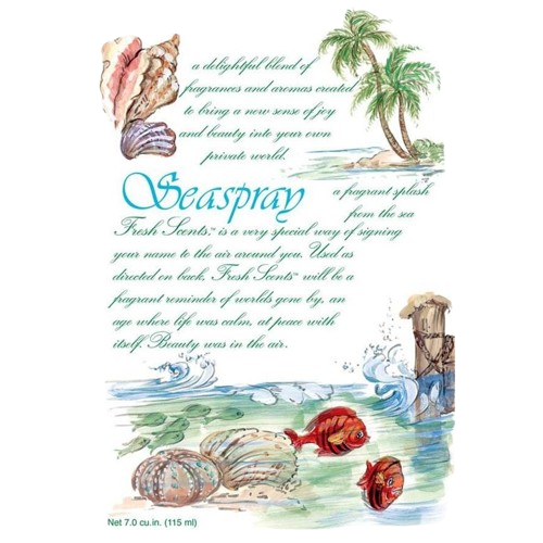 Illustrated sachet packaging with seashells, palm trees, waves, and red fish evoking a fresh seaside scent for household use.