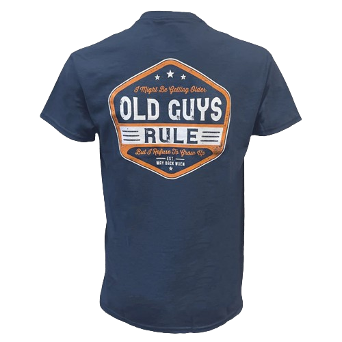 Navy blue shirt with retro orange and white Old Guys Rule graphic and vintage style text design on the back