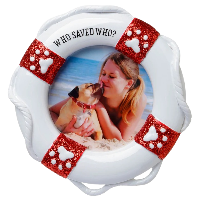 Glittery life preserver ornament with paw prints and photo space for personalized Christmas tree décor under $50