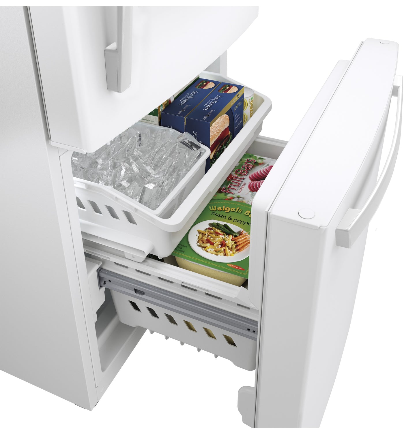 Open bottom-freezer drawer in white refrigerator showing ice bin and frozen food storage from kitchen appliances collection