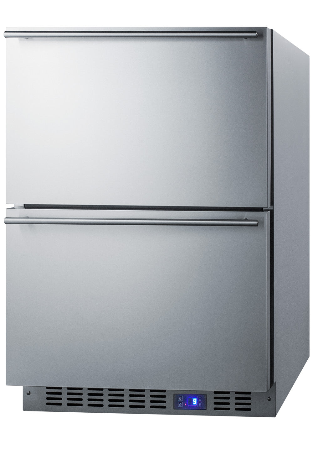 Stainless steel 24-inch wide two-drawer freezer with digital temperature display and modern under-counter design