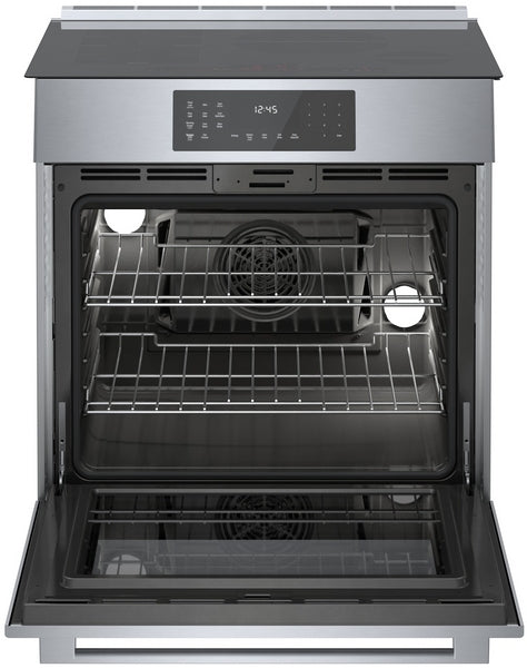 open stainless steel induction slide-in range with digital control panel and dual oven racks for kitchen appliances
