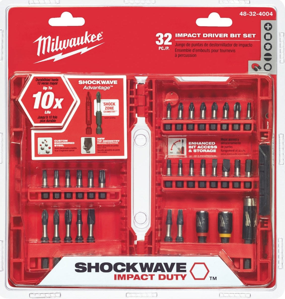 Milwaukee 32-piece impact driver bit set with durable tips and organized red storage case in tool accessories collections