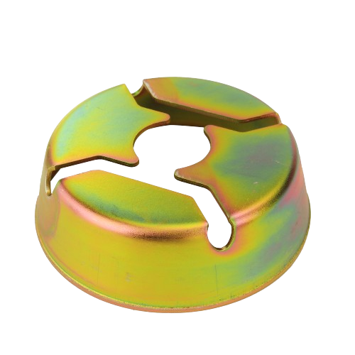 Circular metal cutting unit deflector with iridescent finish for automotive and John Deere mowing parts collections