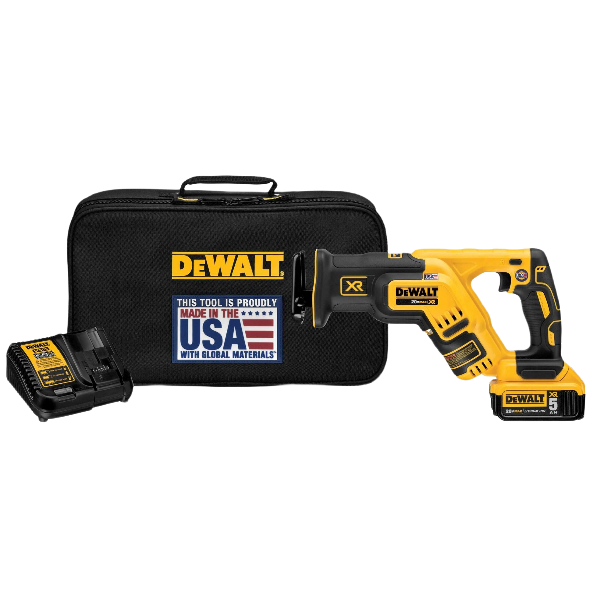 Cordless yellow and black reciprocating saw with battery, charger, and carrying case for woodworking power tools collections