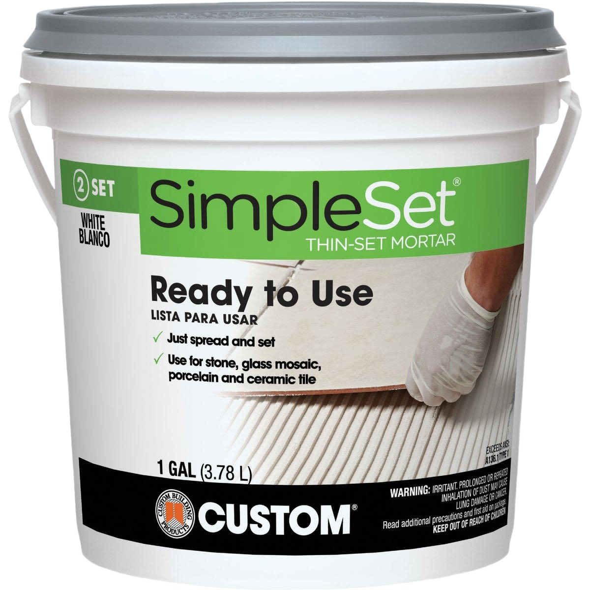 White pre-mixed thin-set mortar bucket with label showing tile installation for home improvement projects