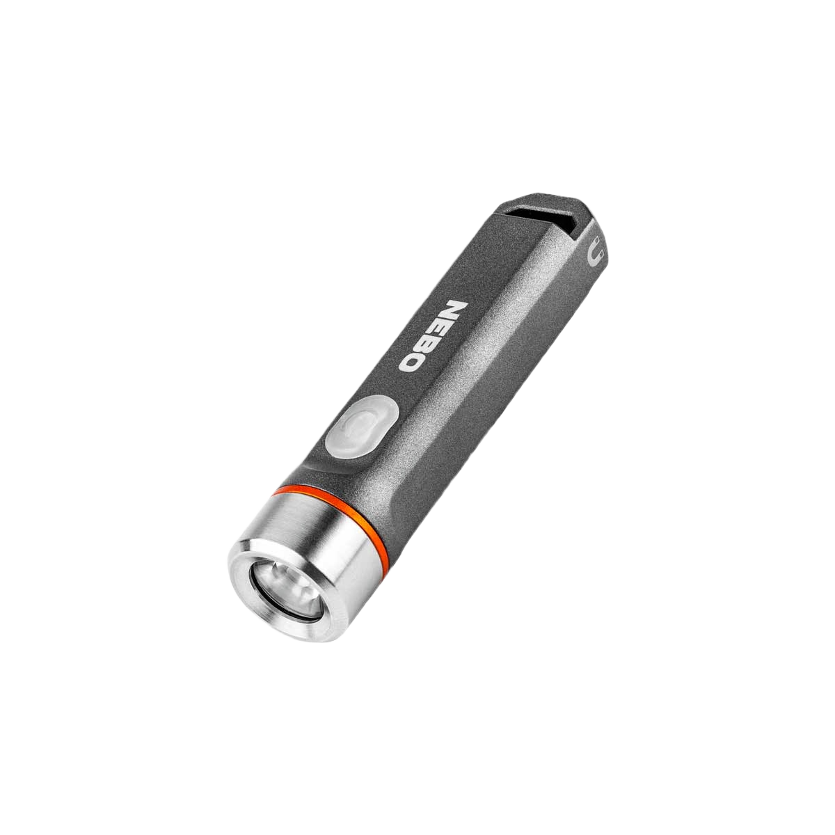 Compact gray and silver handheld LED task light with a push button and durable housing for tools and home improvement
