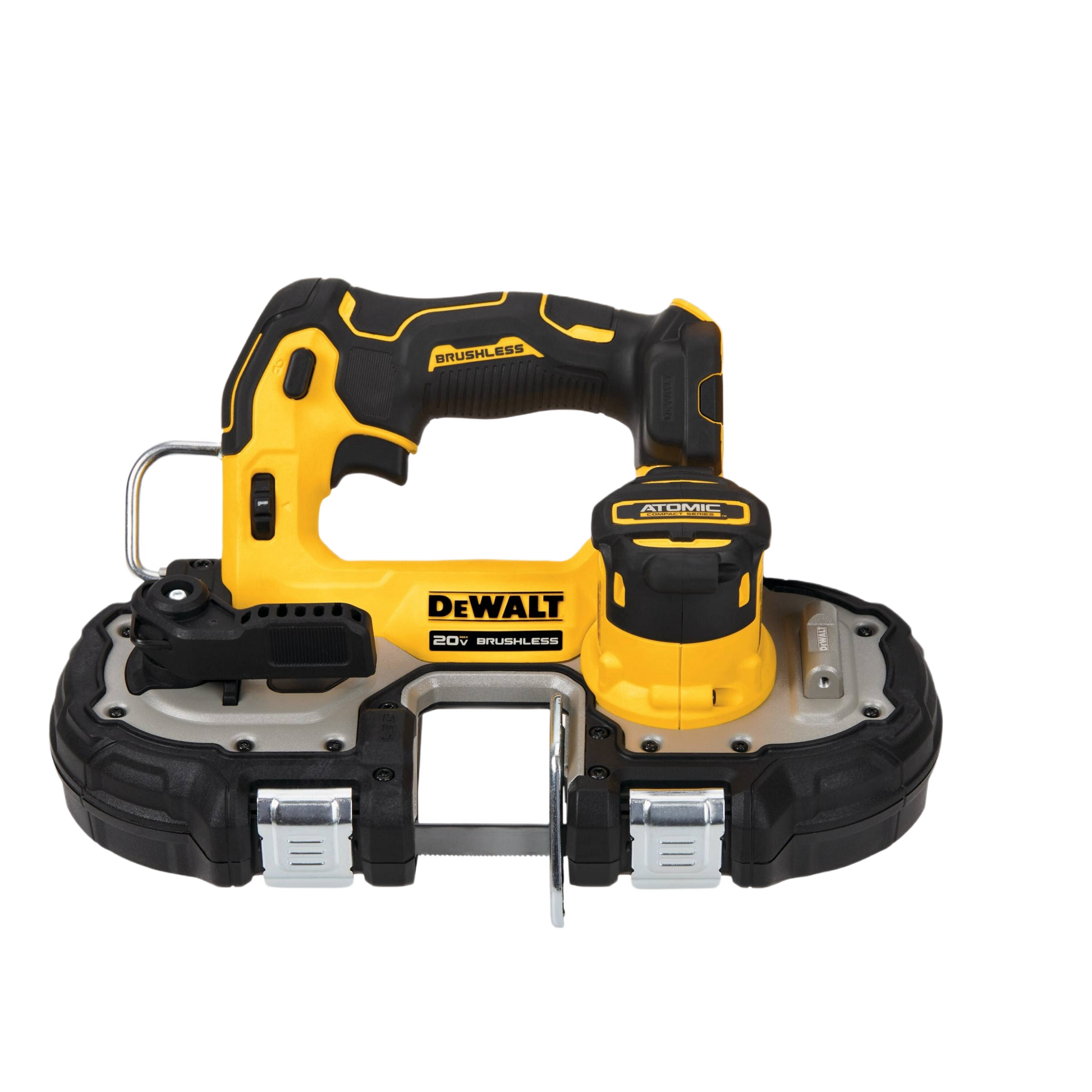 Compact cordless band saw in yellow and black with brushless motor for battery powered power tools collection