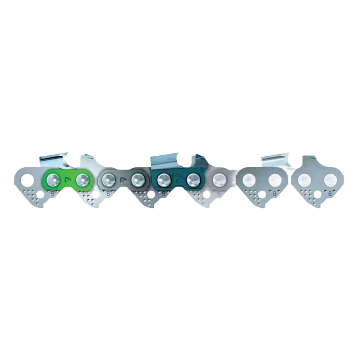 Close-up of a silver chainsaw chain segment with colored drive links in parts and lubricants under $100 category