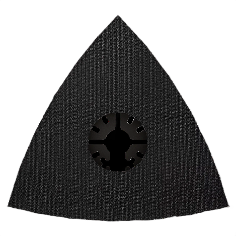 Black triangular oscillating tool sanding pad with universal fit attachment for home improvement tasks