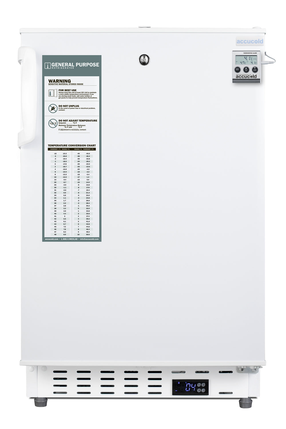 White built-in healthcare refrigerator with temperature display and warning label in Appliances and Kitchen collections