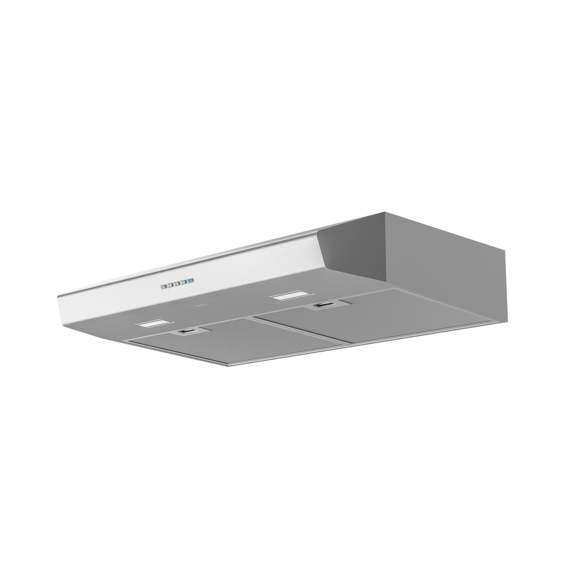 Stainless steel under cabinet hood with dual-level LED lighting, electronic controls, and dishwasher-safe filters for kitchen appliances collection