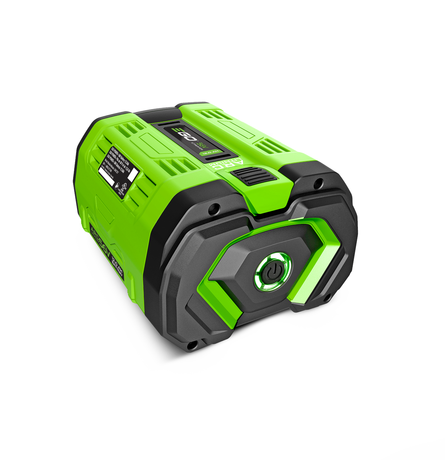 Compact green and black rechargeable battery with power button and fuel gauge for portable power tool accessories