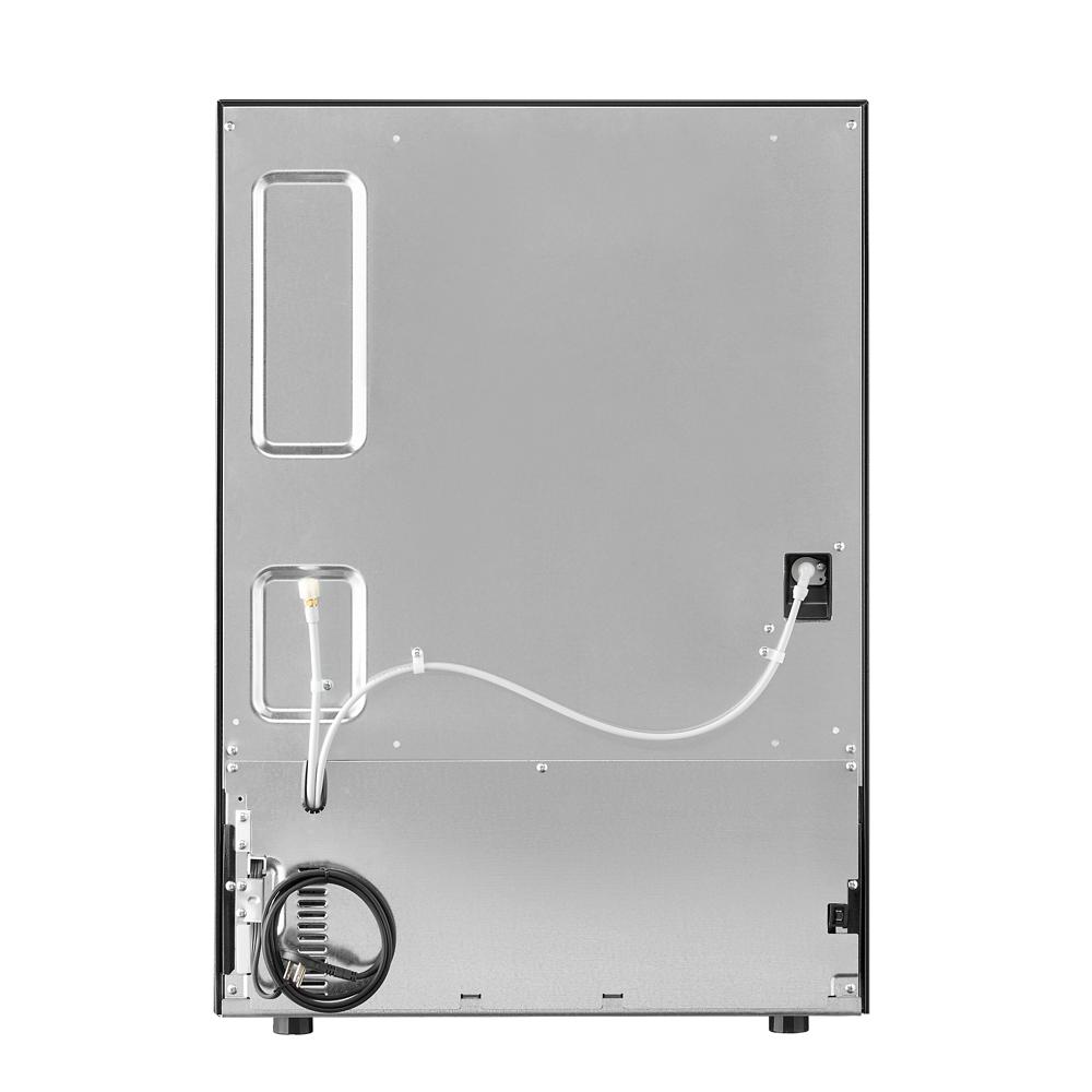 Rear view of stainless steel undercounter double-drawer refrigerator/freezer showing power cord and water line connections