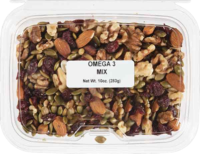 Clear plastic container filled with omega 3-rich trail mix including walnuts, almonds, cranberries, and pumpkin seeds