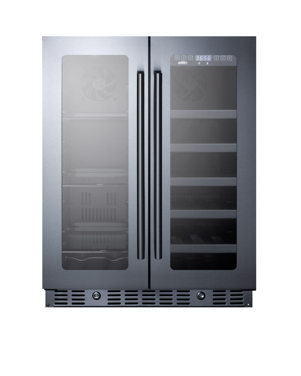 24-inch built-in dual-door beverage center with glass panels, LED display, and stainless steel frame for kitchen appliances collection