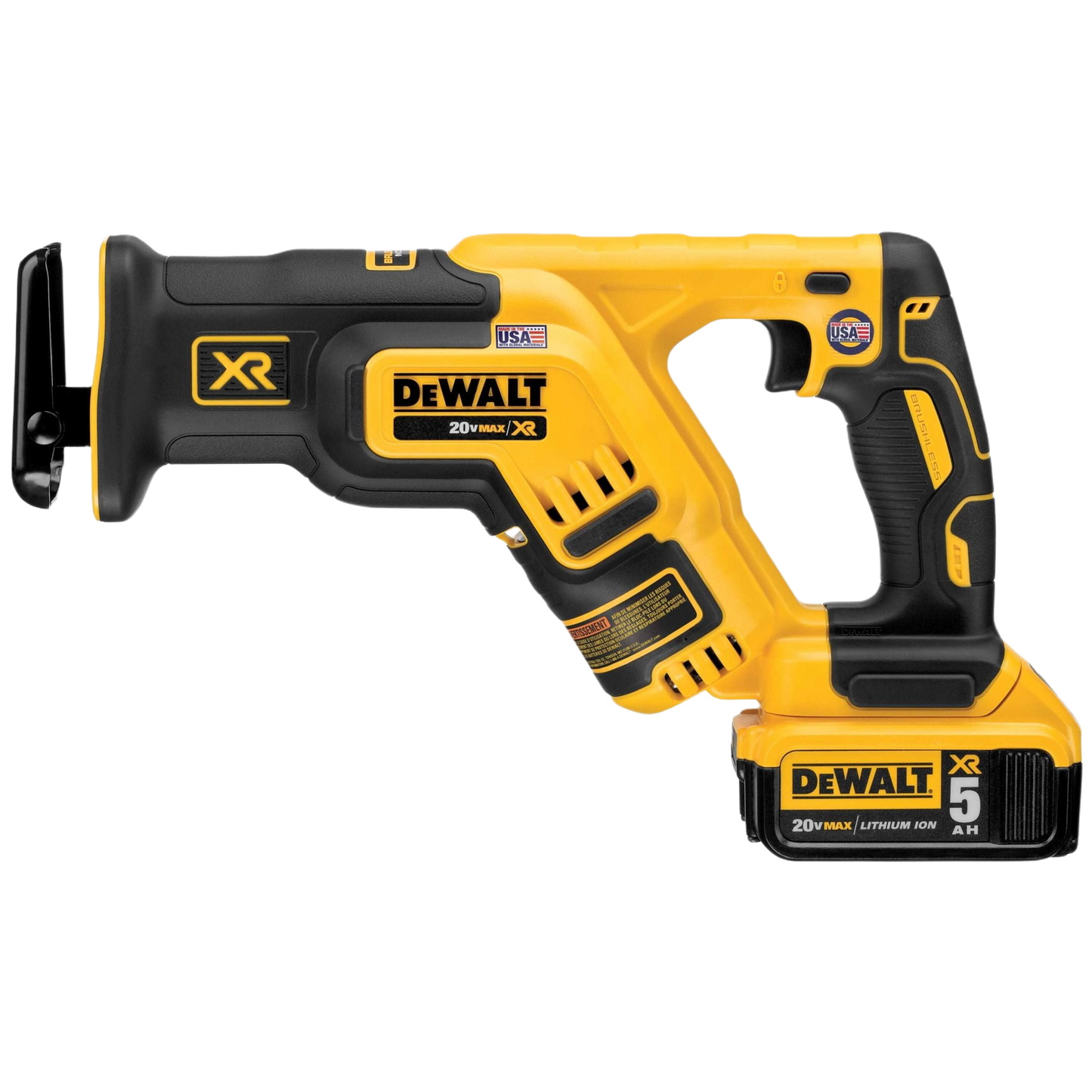 Compact yellow and black DEWALT cordless reciprocating saw with lithium-ion battery for woodworking and home improvement tasks