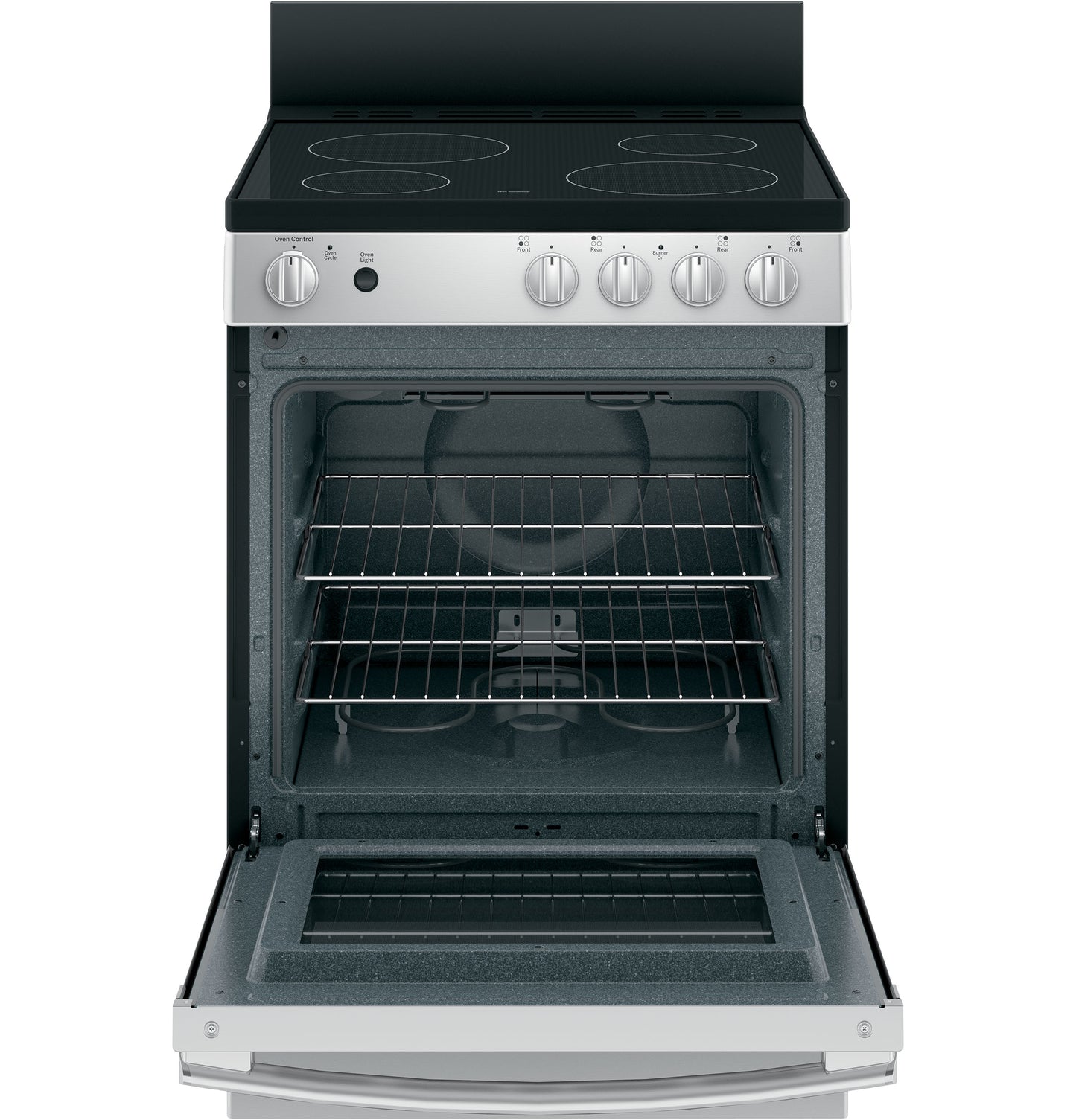 Open front control range with stainless steel finish, smooth black cooktop, and two oven racks inside appliance kitchen setting