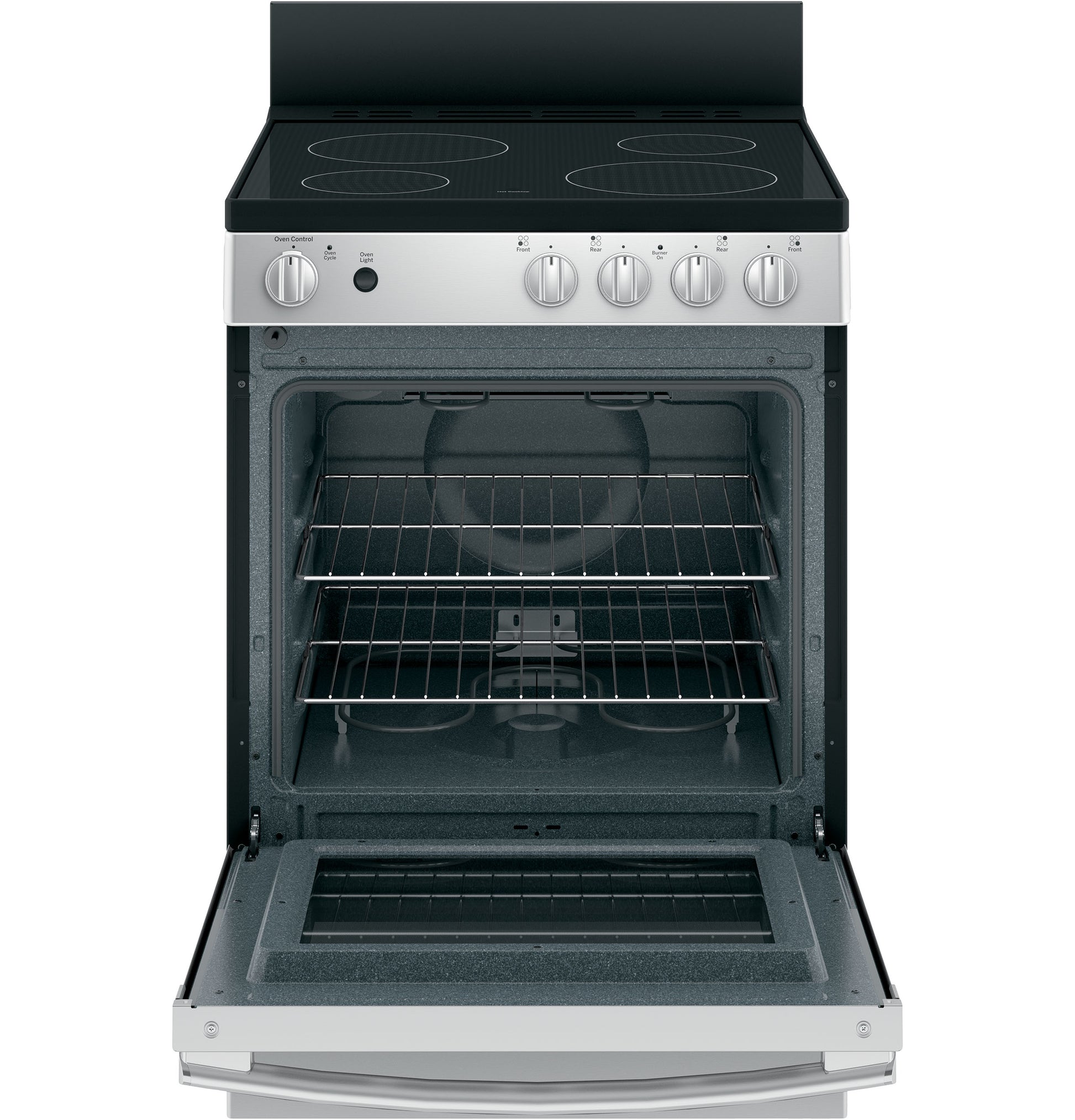 Open front control range with stainless steel finish, smooth black cooktop, and two oven racks inside appliance kitchen setting