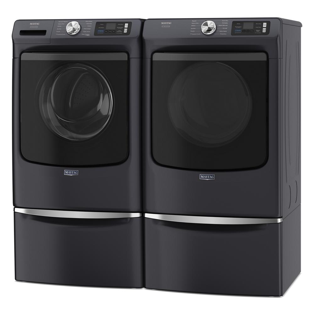 Pair of dark finish front load washers and dryers with digital controls, part of washers and dryers for home improvement.