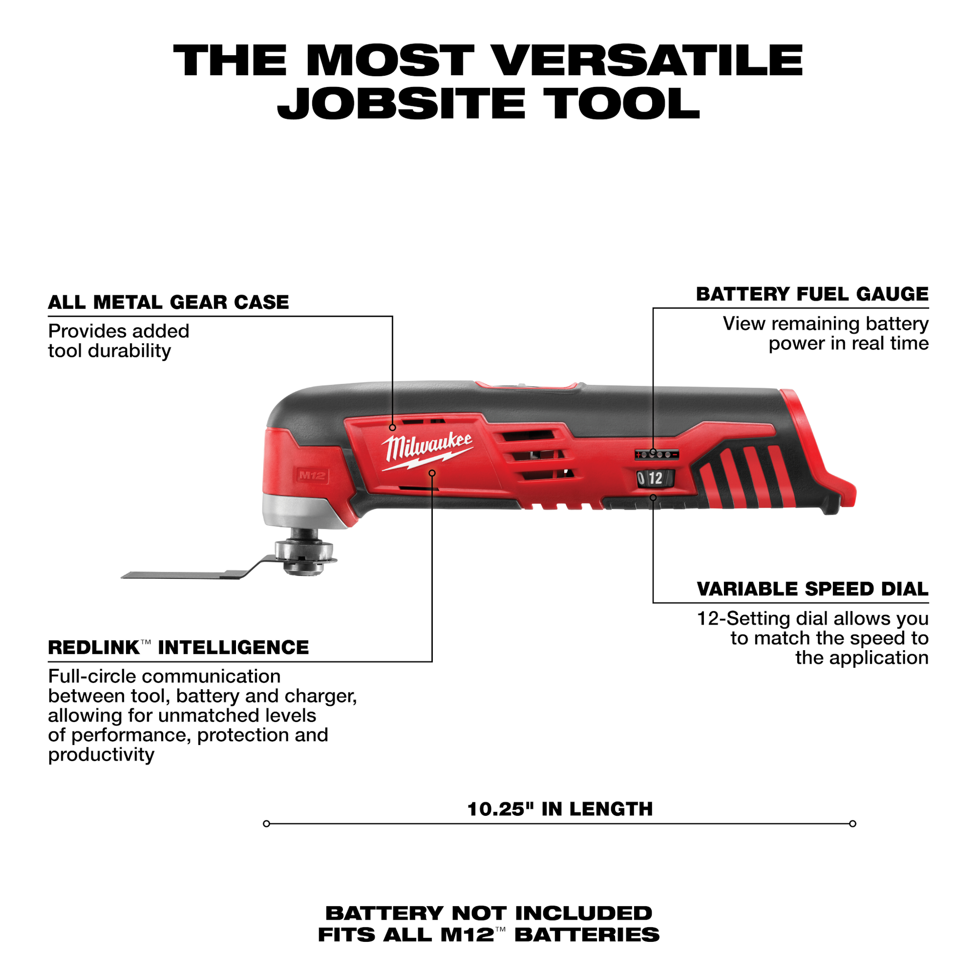 Red and black Milwaukee cordless multi-tool with metal gear case and variable speed dial for home improvement tasks
