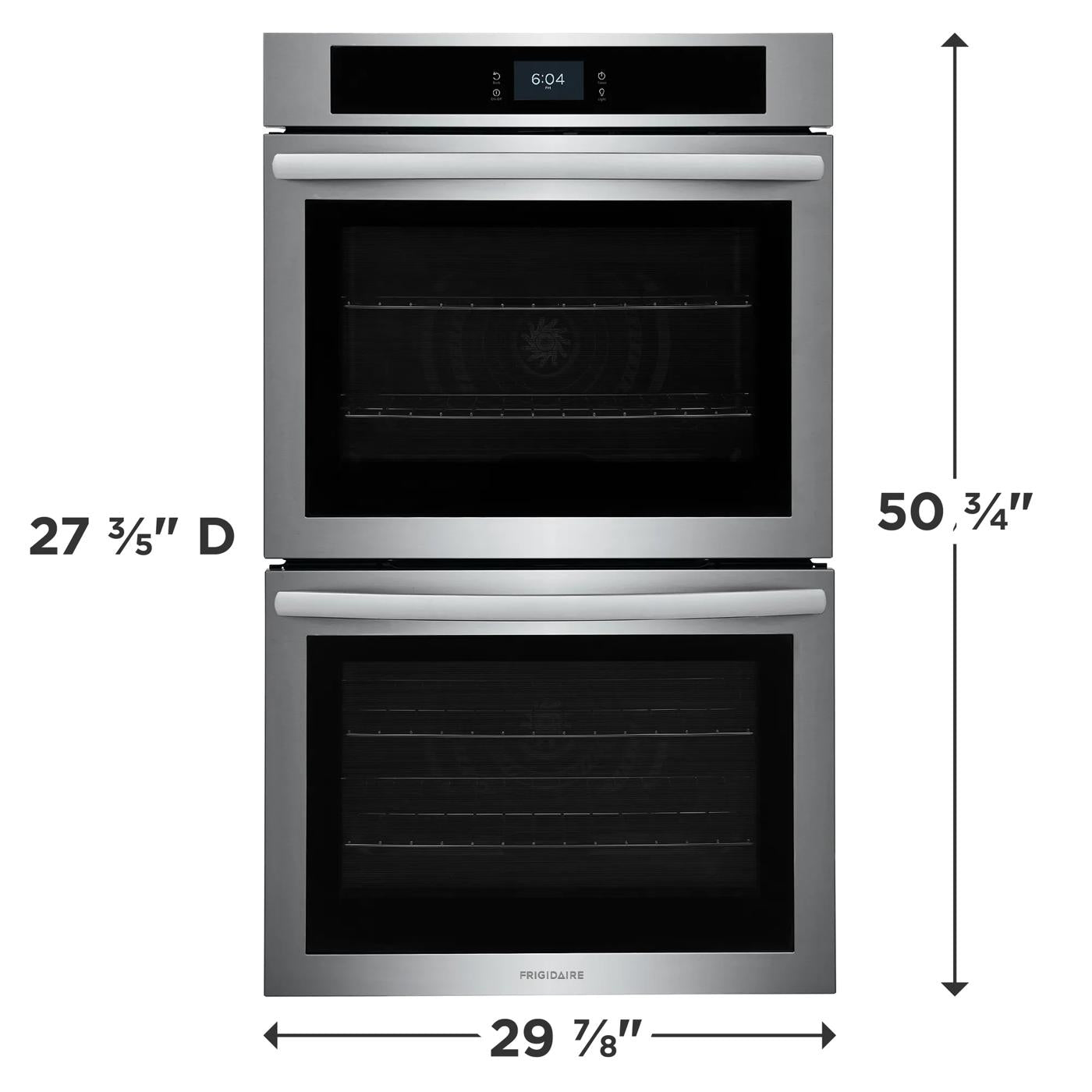 Front view of stainless steel double electric wall oven with digital display and fan convection for kitchen appliances