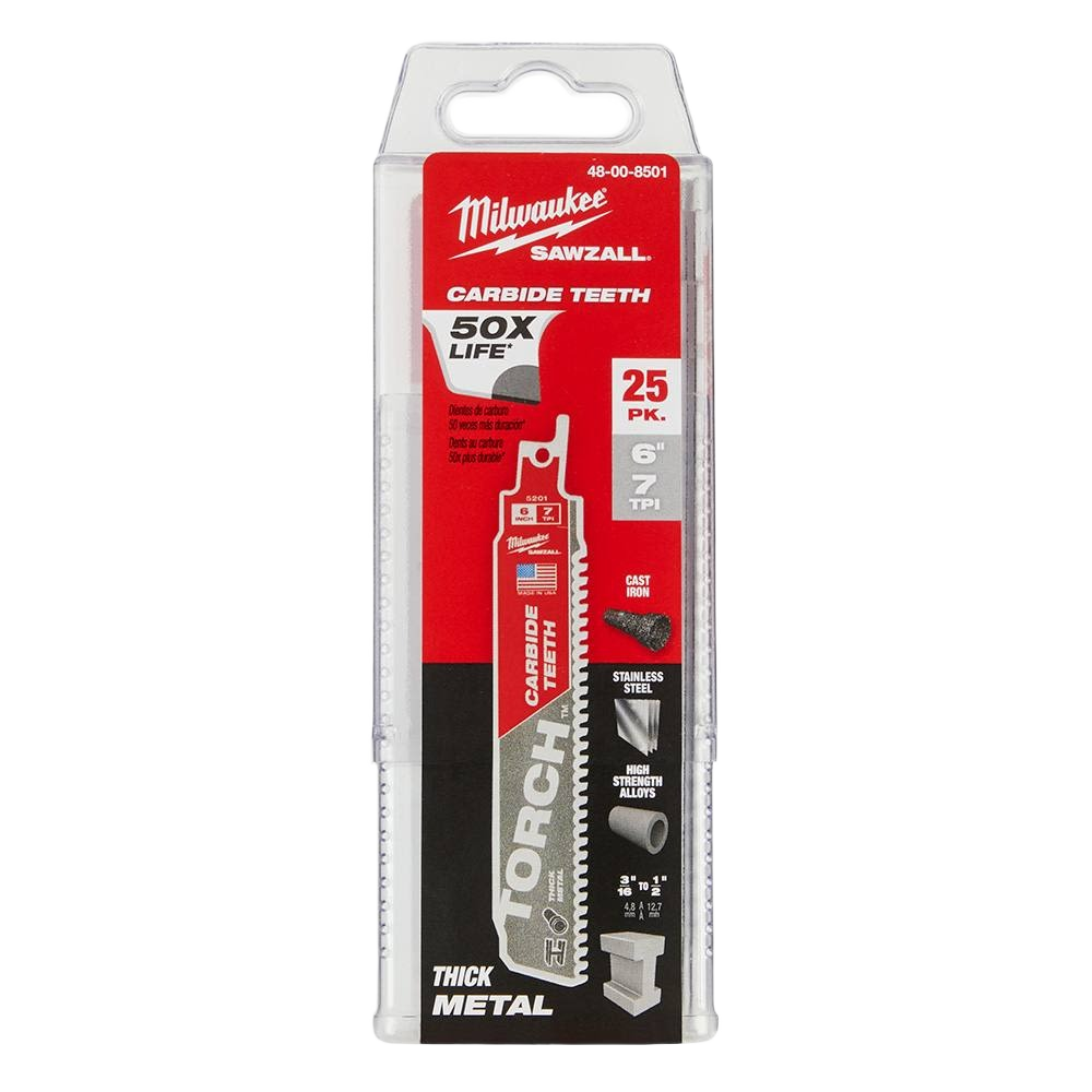 Milwaukee 6-inch carbide tooth sawzall blade for thick metal cutting in power tool and woodworking accessories collections