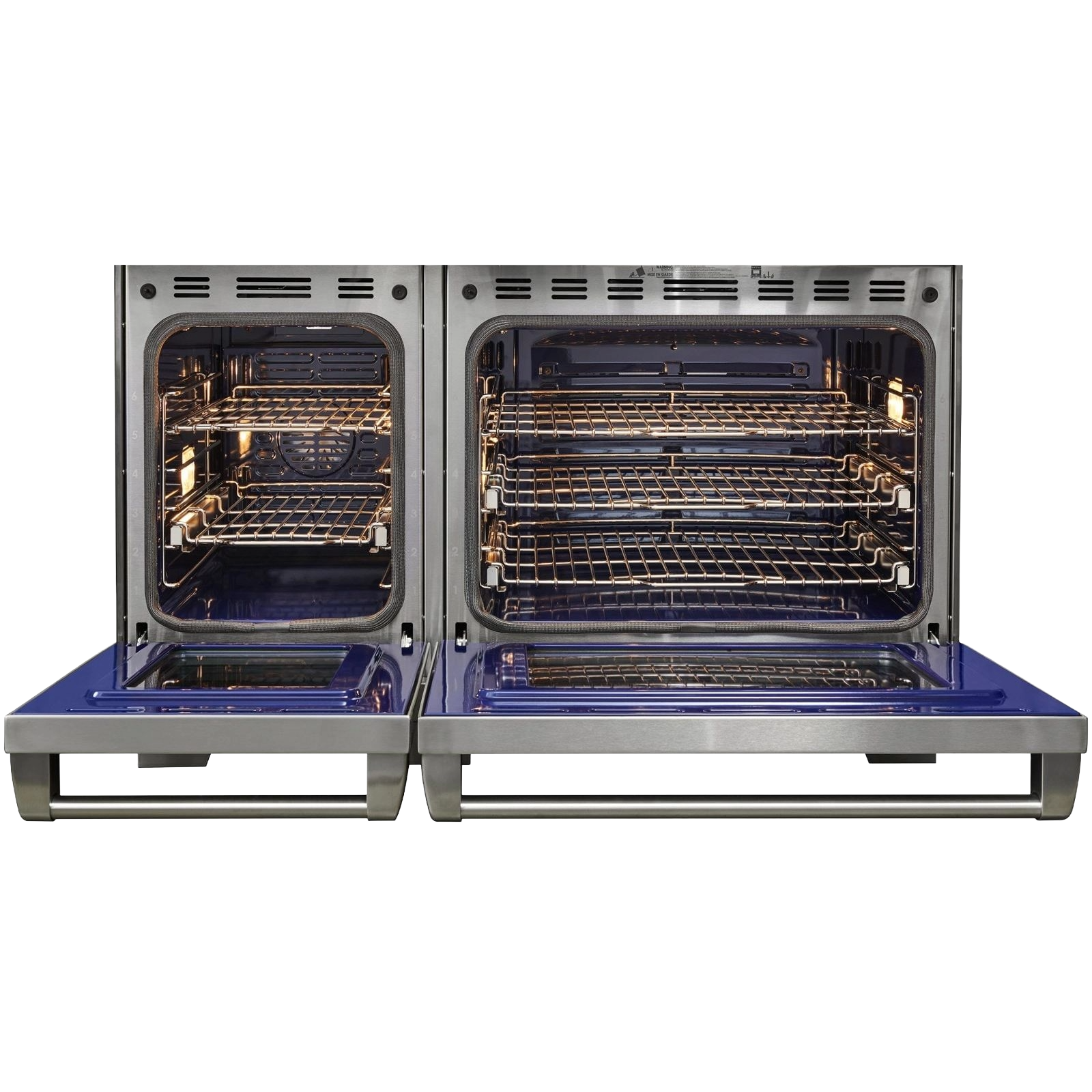 Dual stainless steel ovens with multiple racks and interior lighting in kitchen ranges and appliances collection