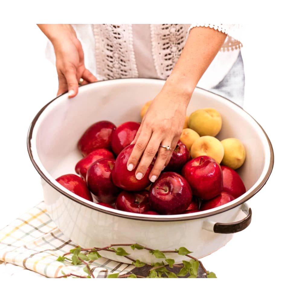 White enamelware dish basin with handles filled with red and yellow apples, part of Kitchenware and Under $50 collections