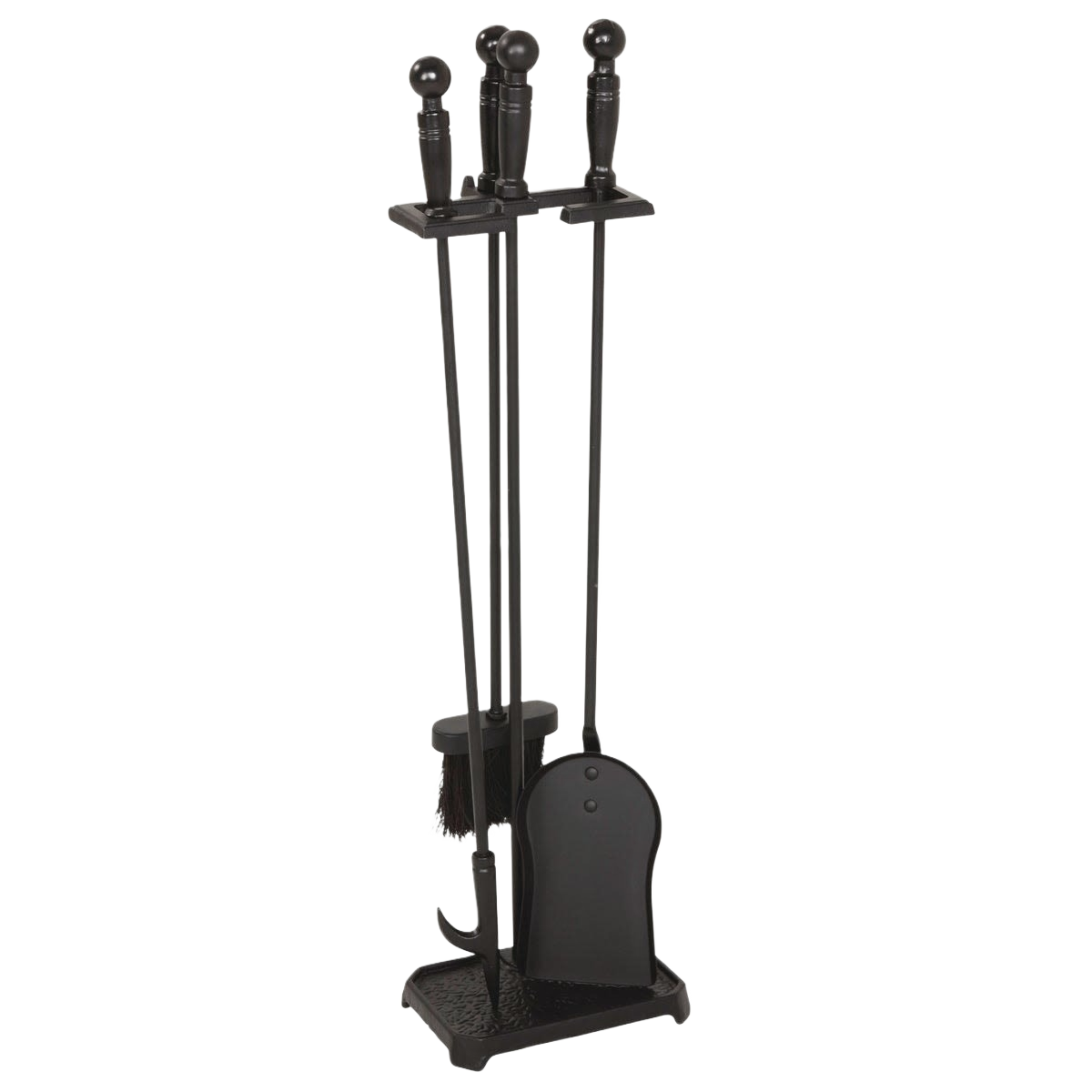 Four-piece cast iron fireplace tool set with stand, featuring poker, brush, shovel, and tongs for home improvement tasks