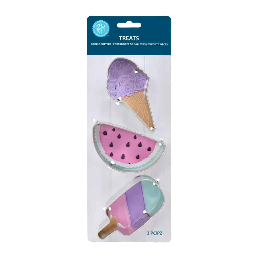 Steel cookie cutter set with ice cream cone, watermelon slice, and popsicle shapes in colorful packaging for kitchenware use