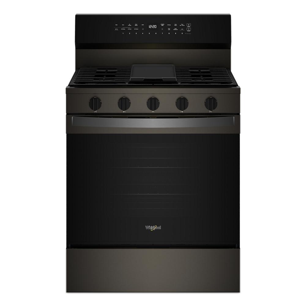 30-inch black gas range with five burners, digital control panel, and oven for kitchen and home improvement