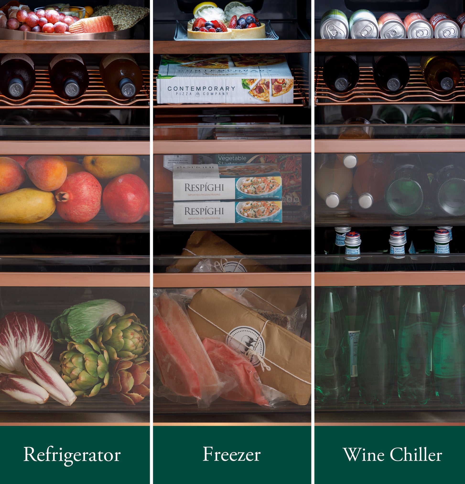 Close-up of refrigerator compartments showing fresh fruits, frozen meals, and bottled beverages in organized storage drawers.
