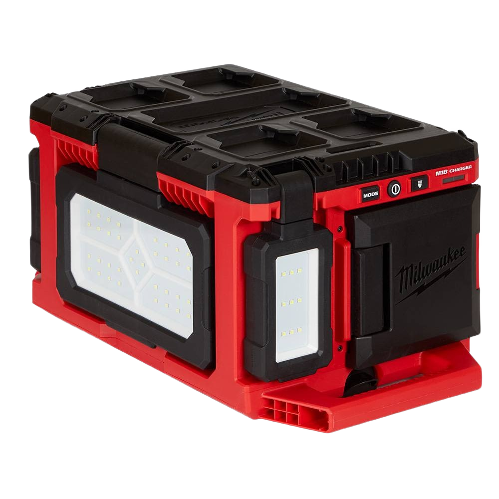 Compact red and black Milwaukee utility work light and charger with multi-directional LED panels for tools and home improvement tasks